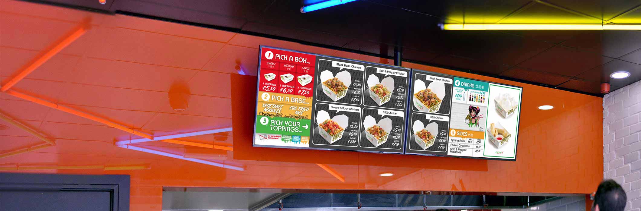 Two digital signage screens at Chopstix restaurant displaying their menu